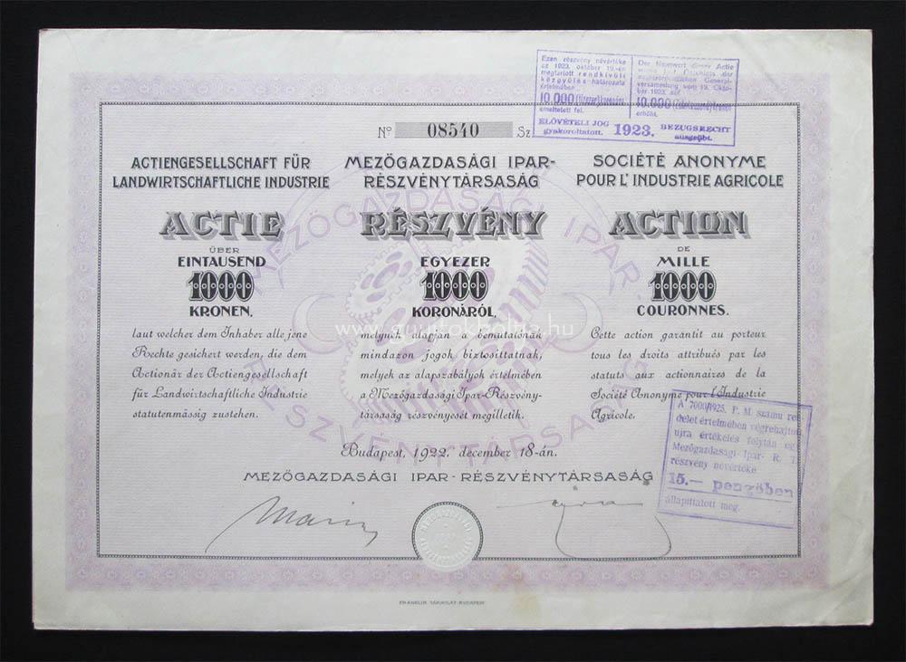 Mezõgazdasági Ipar Rt. 1000 korona 1922
